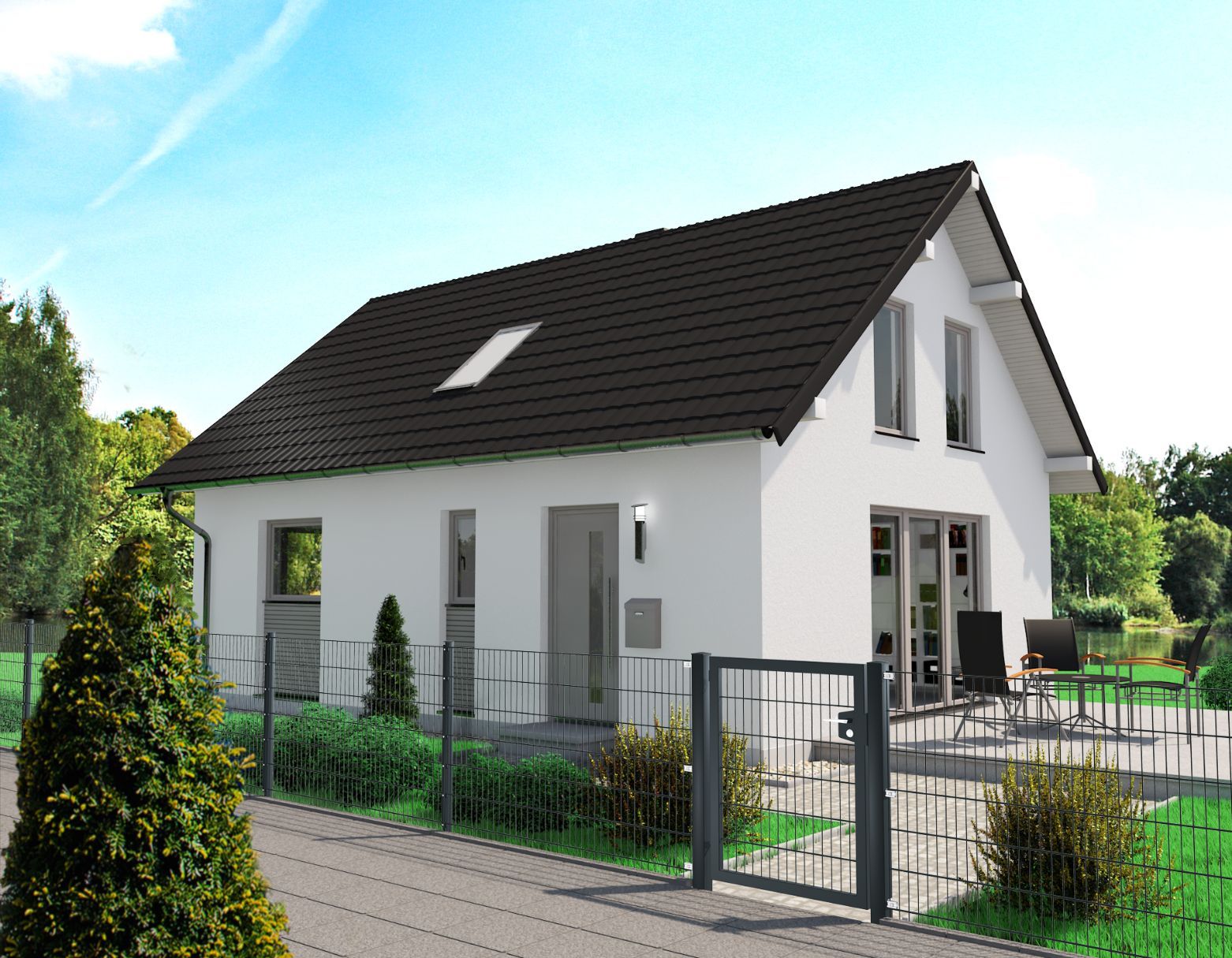 Stahlgitterzaun mit Rolltor rund um ein Haus