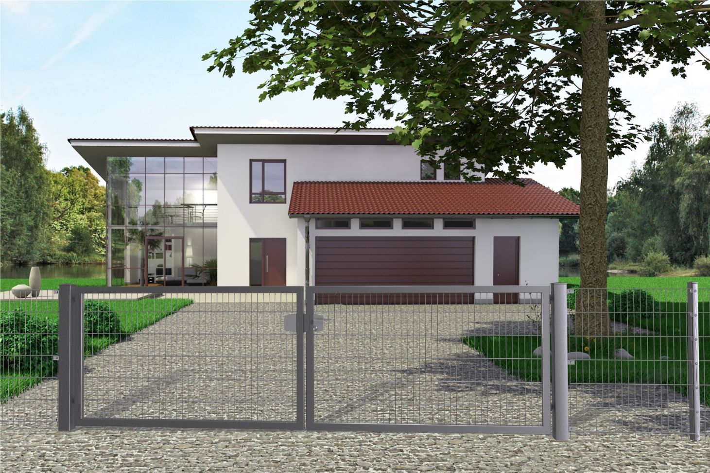 Anthrazitfarbenes mehrflügeliges Zauntor-System