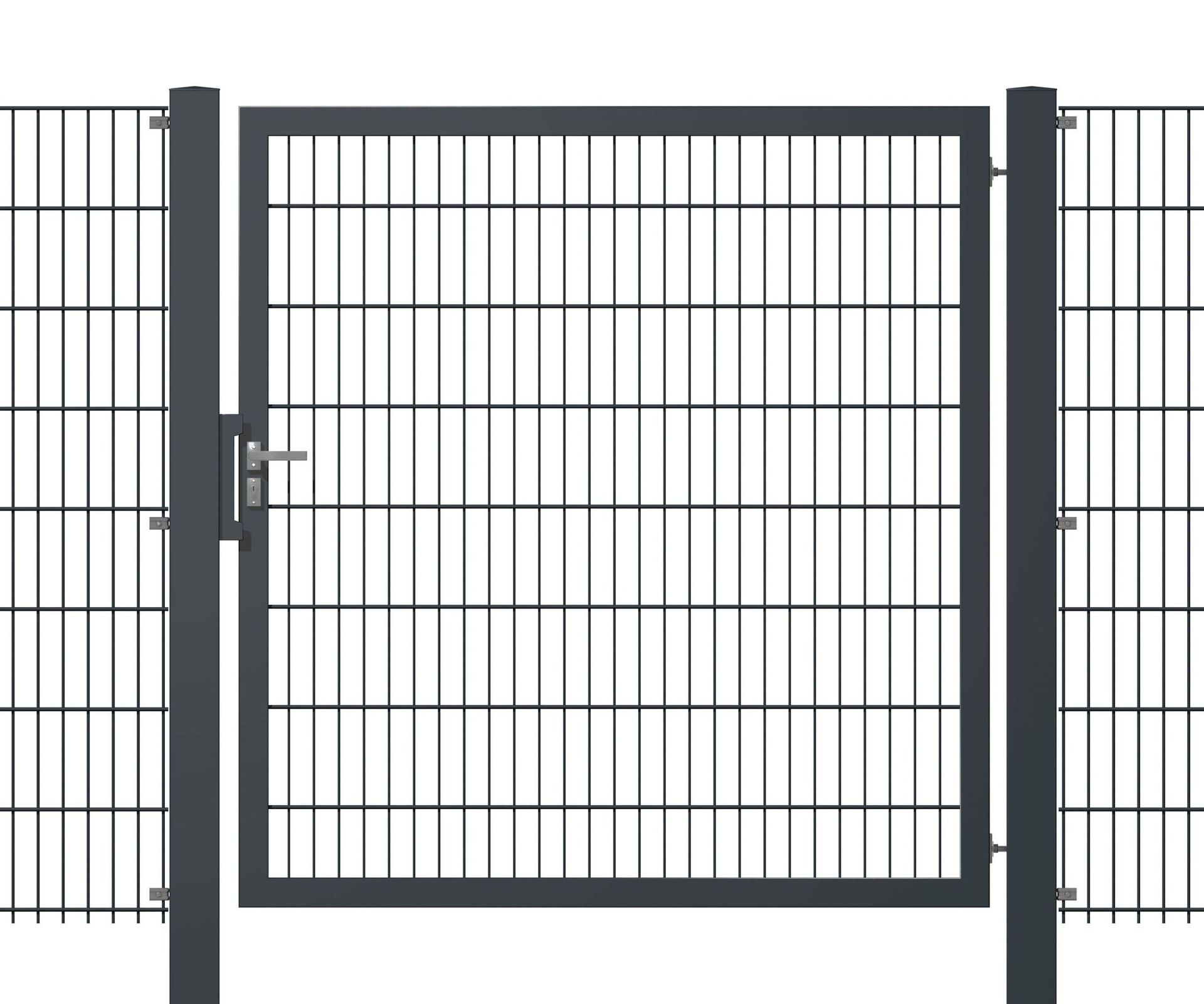 Tor an einem Stahlgitterzaun