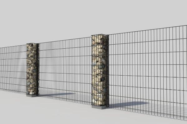 Gabionensäulen integriert in einem Stahlgitterzaun