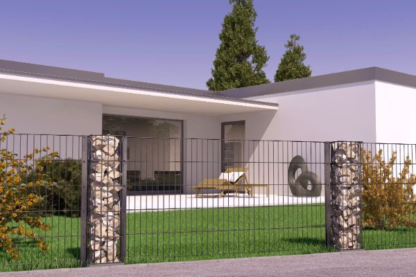 Stahlgitterzaun mit Gabionensäulen