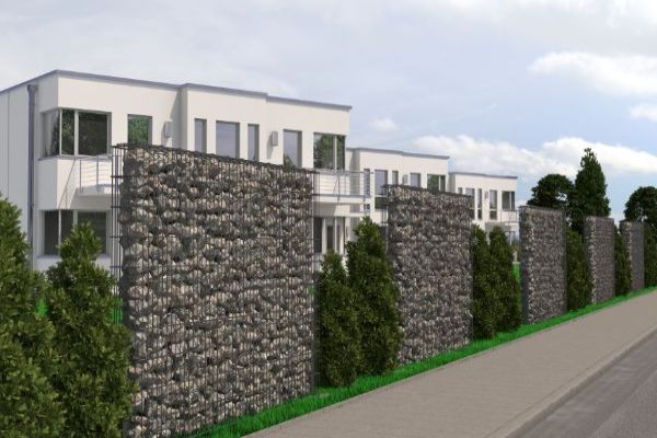 Gabionenelmente als Sichtschutz vor einem Haus