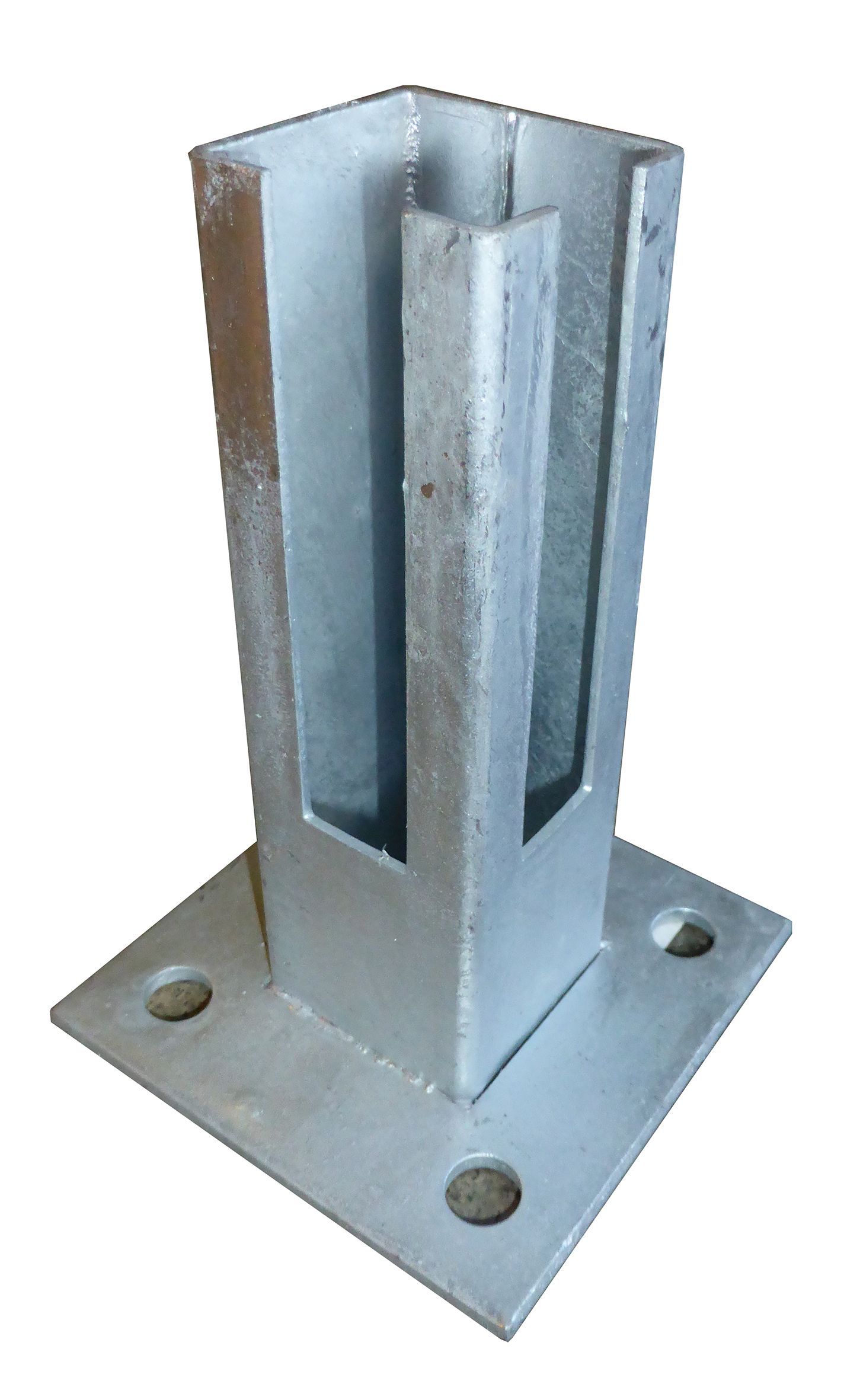 Silberfarbene Zaunbefestigung mit quadratischer Verankerung