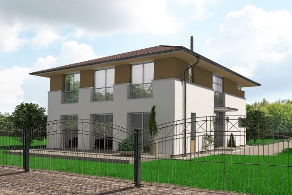 Eisenzaun als Grundstücksbegrenzung eines modernen Hauses