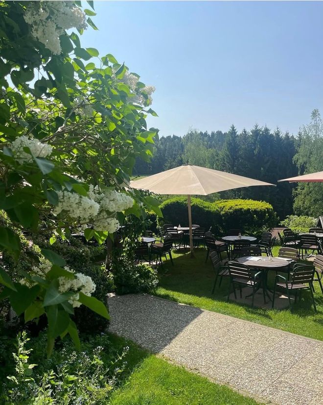 Ein Caféfenster mit Kreidetafel-Speisekarte neben einem sonnigen Rasen, Sträuchern und dahinter bewaldeten Hügeln.