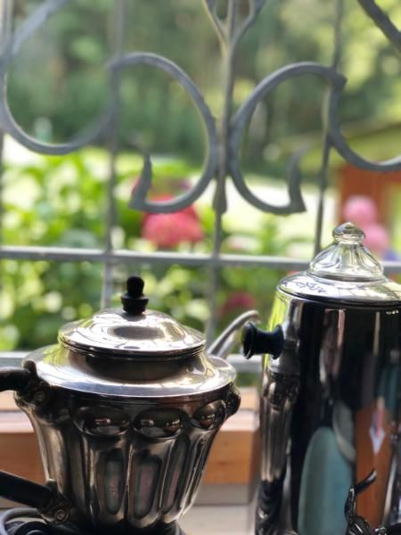Zwei silberne Teekannen auf einem Fensterbrett, draußen ist ein verschwommener Garten zu sehen.