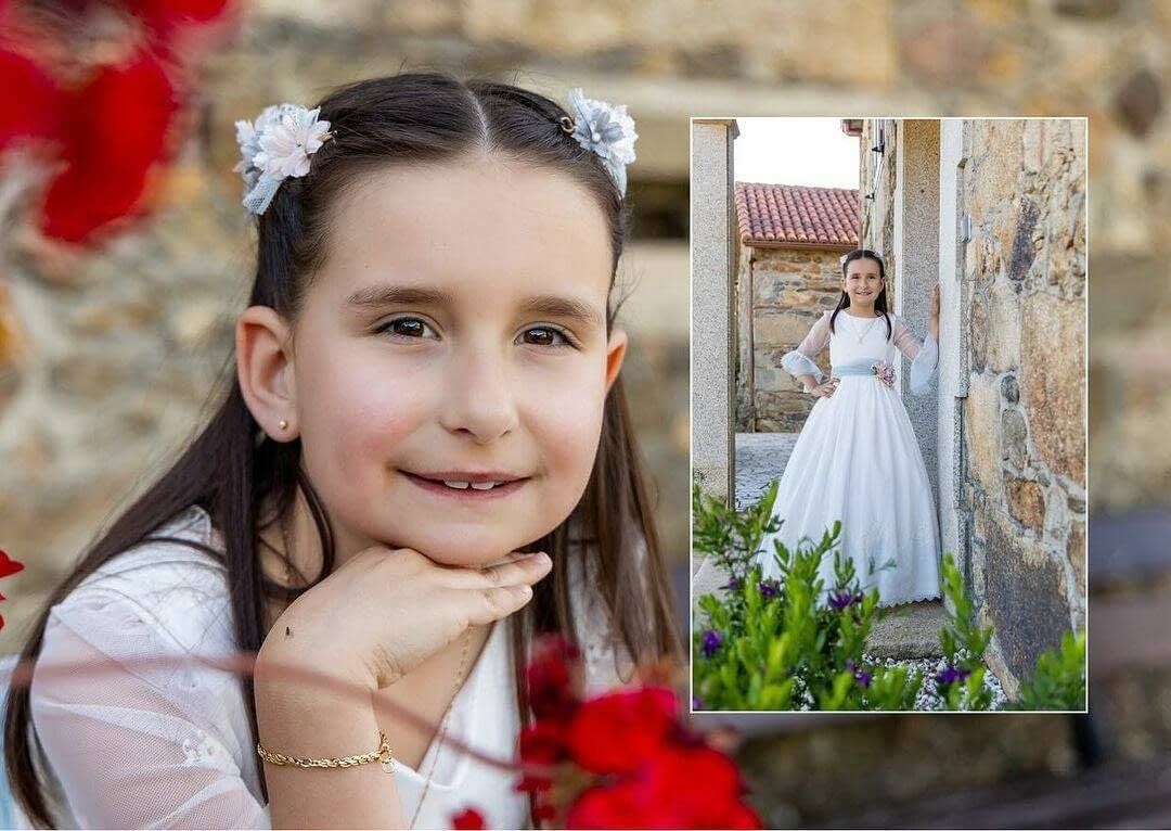 Un collage de una niña con un vestido