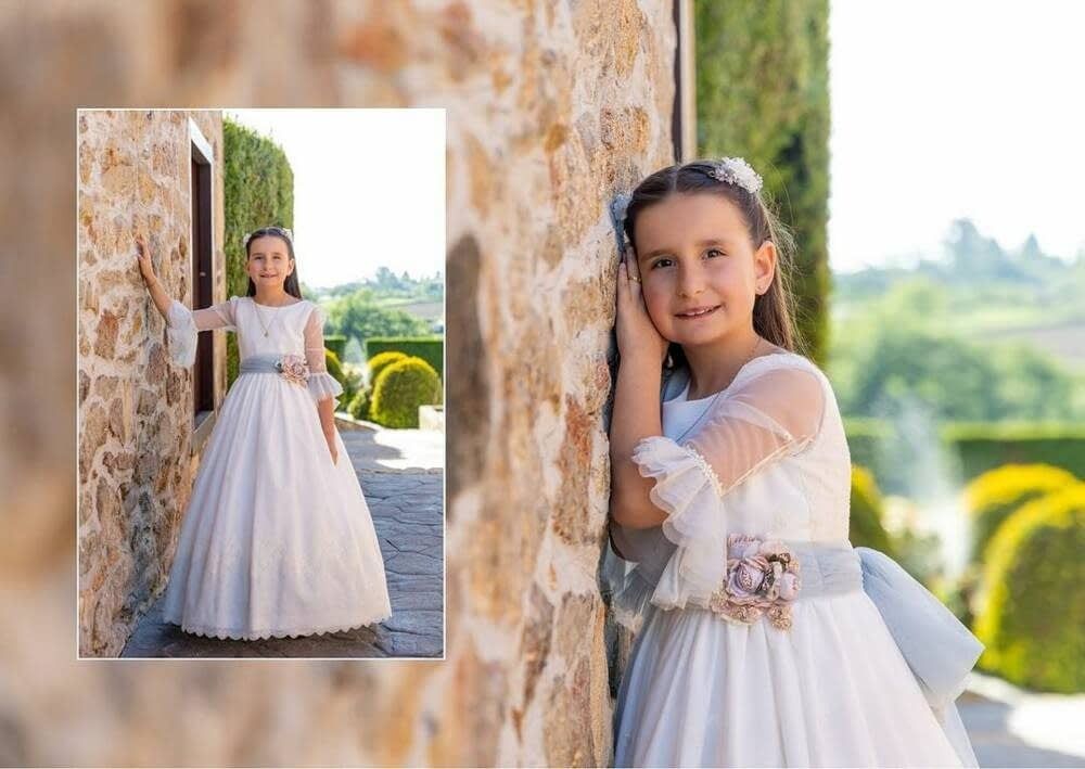 Un collage que muestra a una persona con un vestido blanco de comunión posando contra un muro de piedra en un jardín.