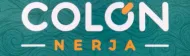 "COLON" en blanco y "NERJA" en naranja sobre un fondo azul verdoso con patrones ondulados.