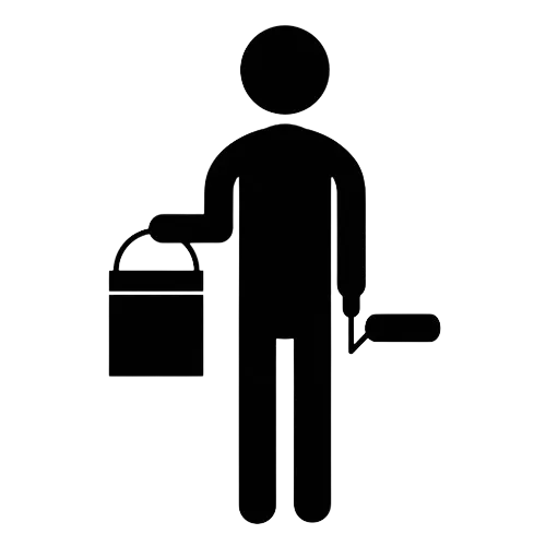 Maler hält Farbdose und Farbrolle in der Hand.