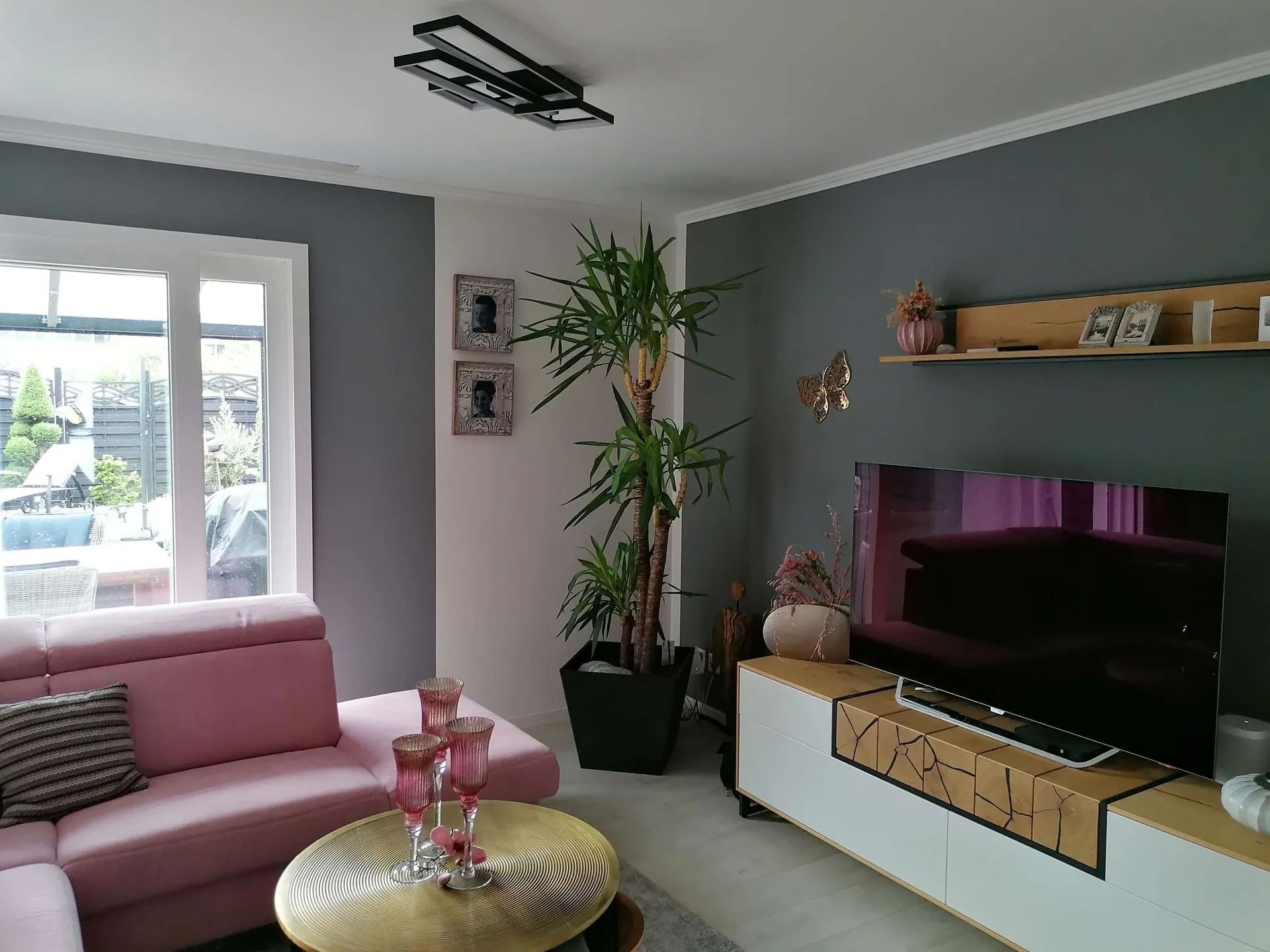 Wohnzimmer mit rosa Sofa, grauen Wänden, großer Pflanze und Fernseher auf einem weißen Holzschrank.