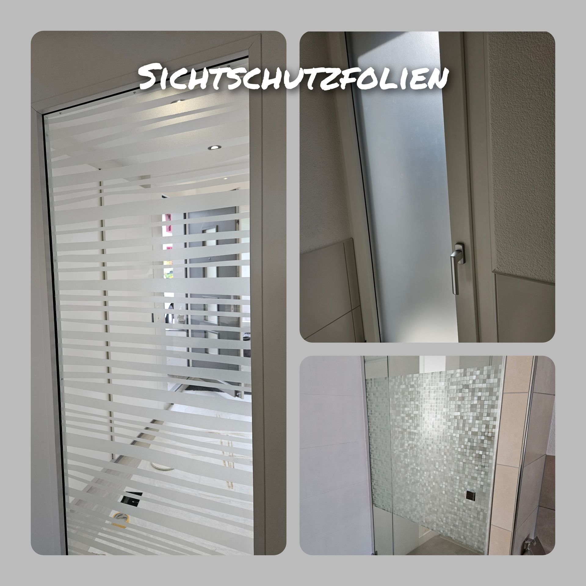Bilder von Glastüren mit verschiedenen Designs für mattierte Sichtschutzfolien.