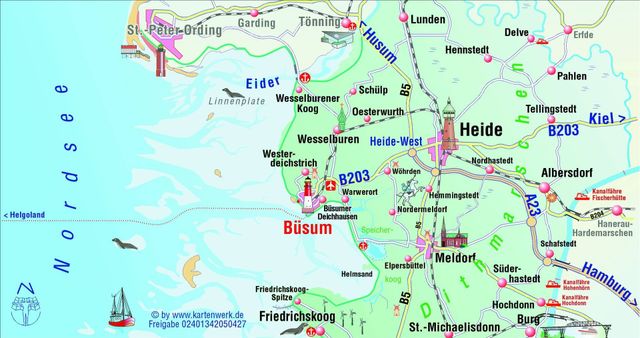 Anfahrtskarte Haus Aquamarin Büsum: Lage der Ferienwohnungen an der Nordsee nahe Heide, St. Peter-Ording, Tönning, Meldorf, Friedrichskoog, Husum und der Familienlagune Perlebucht