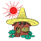 Haus Aquamarin Logo mit stilisiertem Ferienhaus, gelbem Dach, roter Sonne und grünen Büschen.