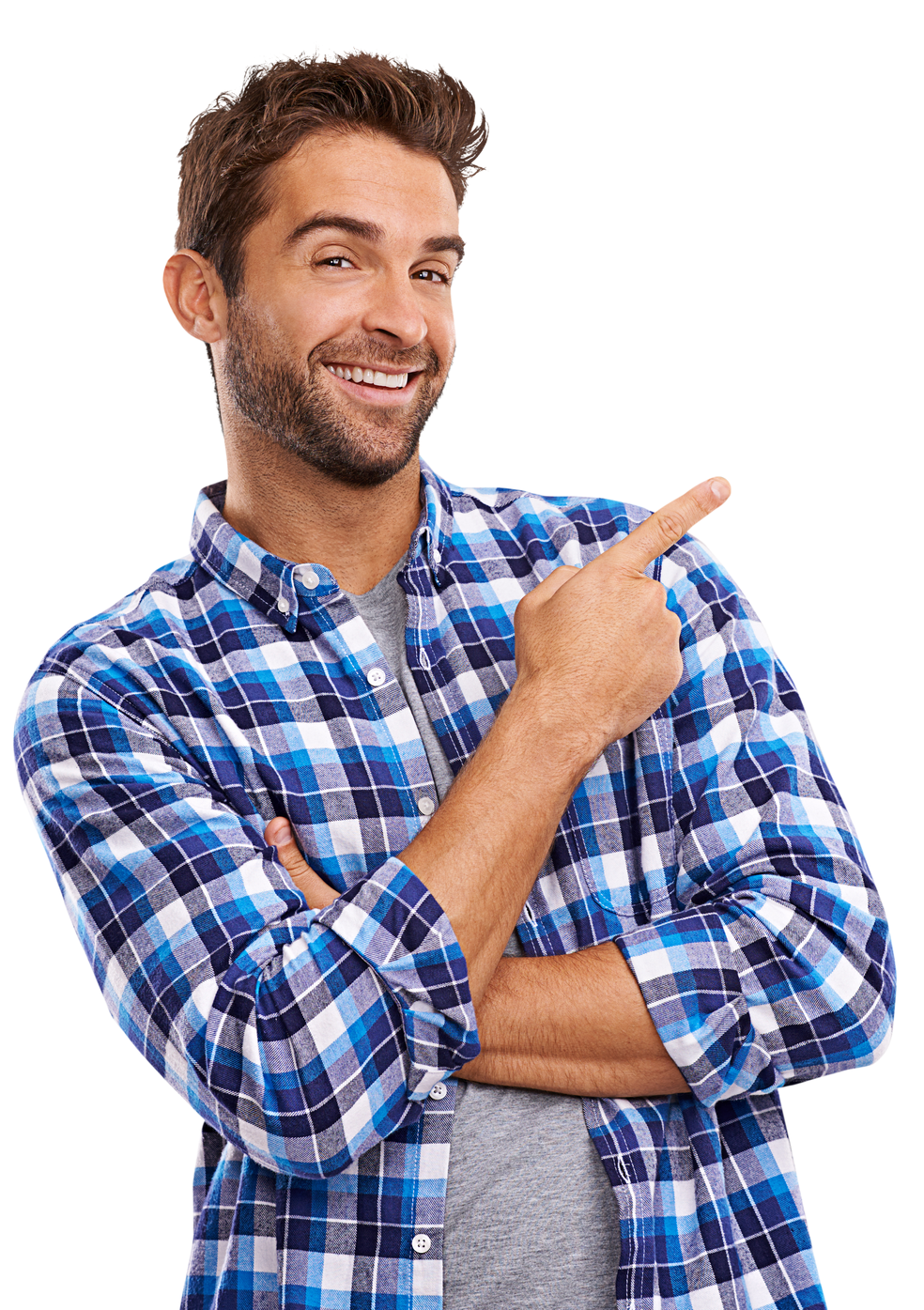 Homme avec chemise à carreaux bleus qui pointe du doigt vers la droite.