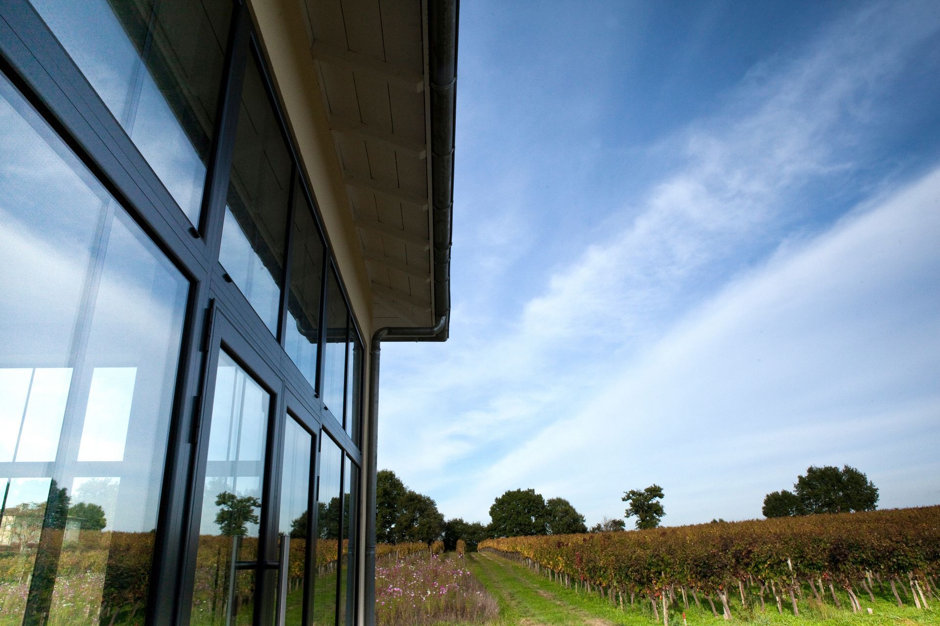 Vue qui longe la vitre d'une véranda d'une maison en pleine campagne.