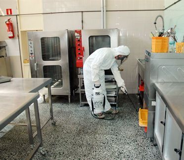 Un hombre con un traje protector está rociando algo en una cocina.