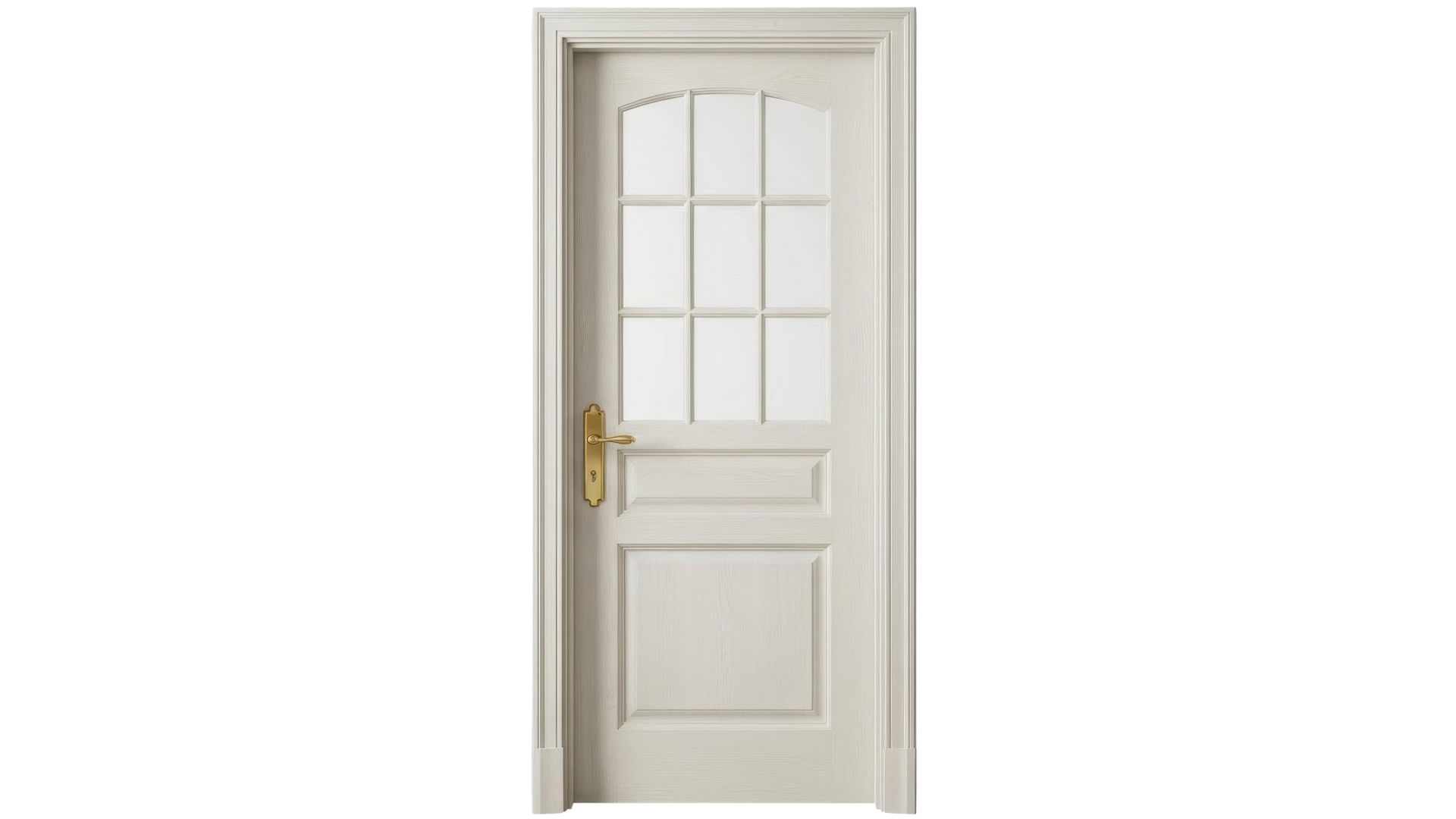 Porte intérieure blanc cassé avec une fenêtre à neuf carreaux en partie supérieure, deux panneaux inférieurs et une poignée à levier en laiton.