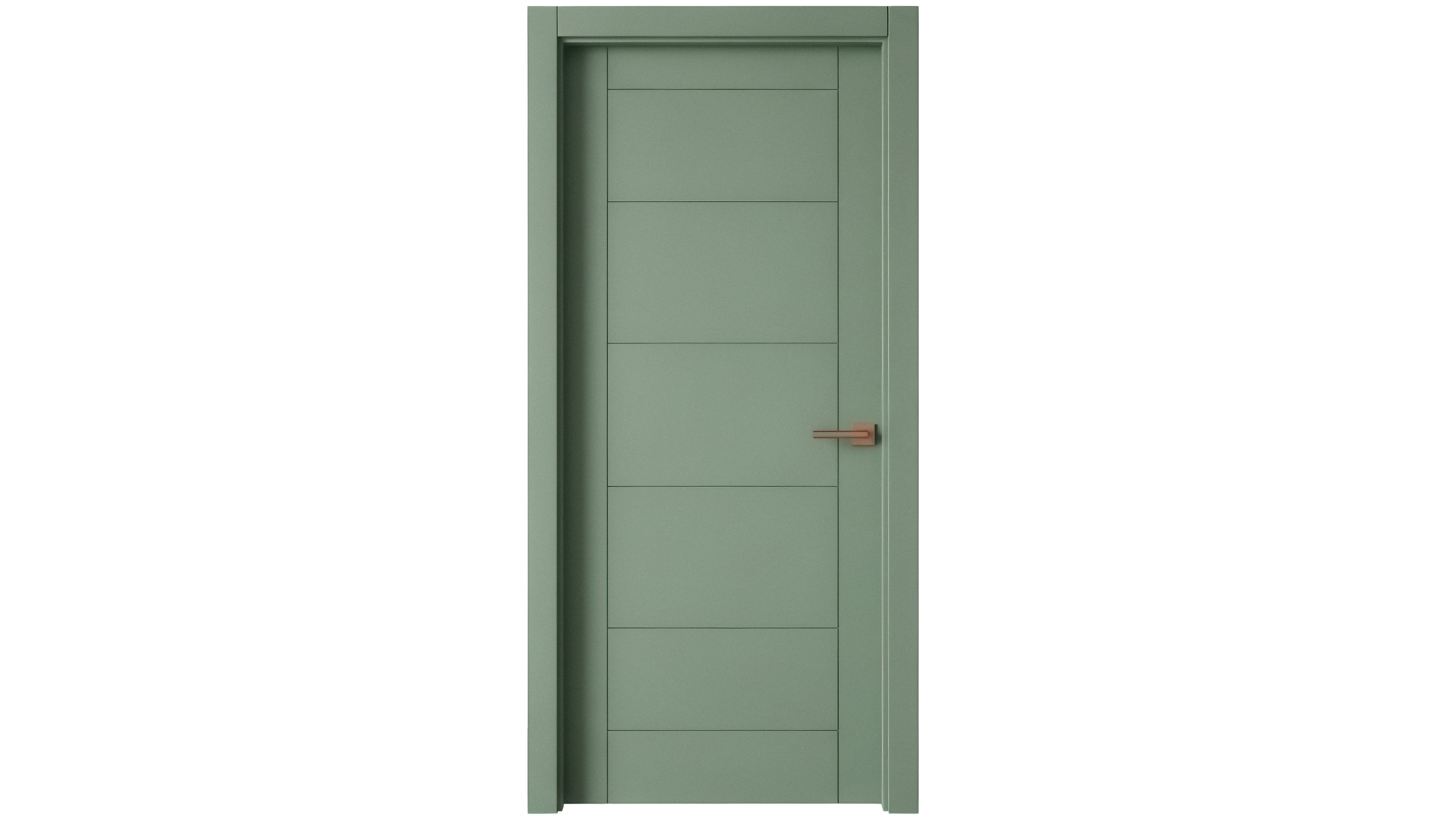 Une porte intérieure vert sauge au design minimaliste et moderne, composée de quatre panneaux horizontaux et d'une simple poignée argentée.