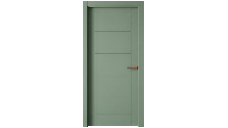 Une porte intérieure vert sauge, au design minimaliste et moderne à quatre panneaux et à la poignée en cuivre, centrée sur un fond blanc.