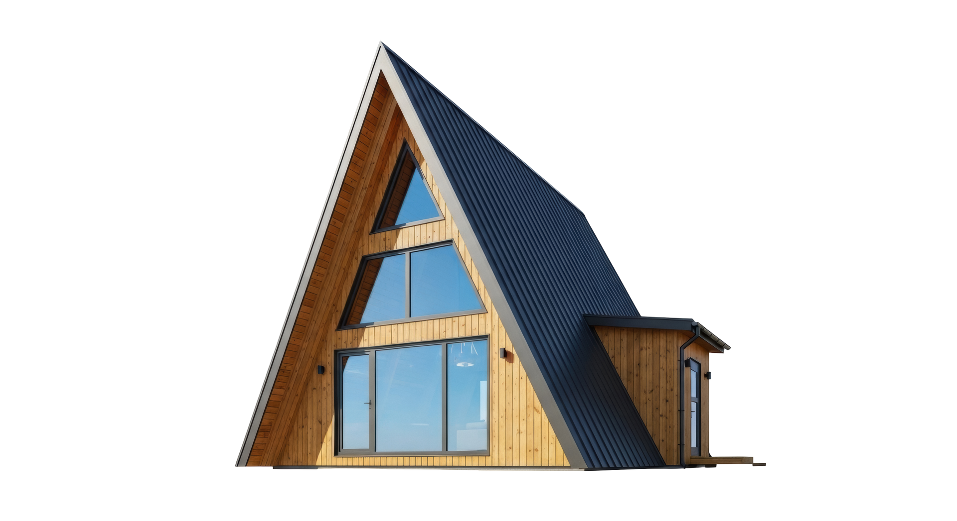 Une cabane en bois en forme de A, avec un toit en métal sombre et de grandes fenêtres vitrées sur fond blanc.