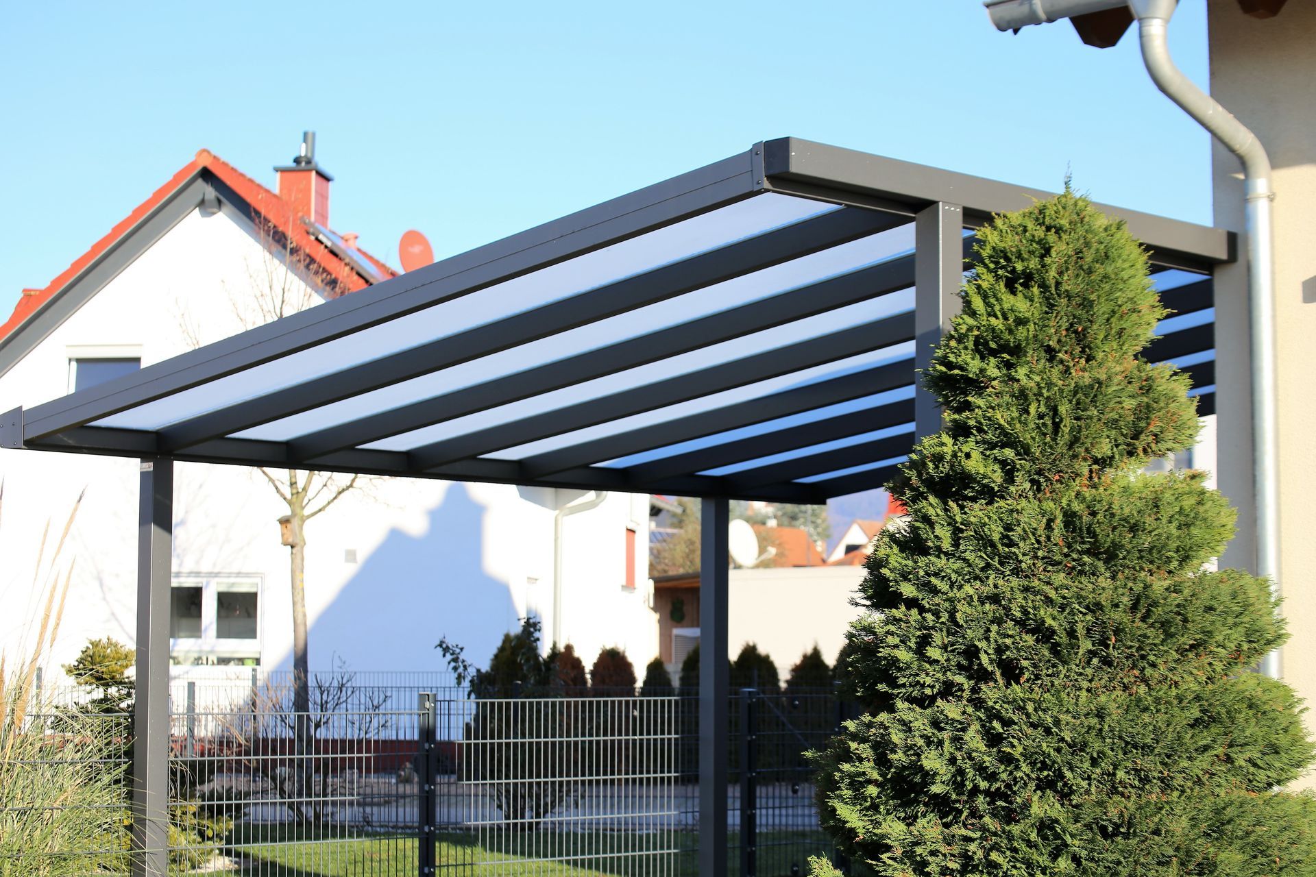 Une pergola moderne à structure sombre et toit translucide, fixée à une maison d'habitation près d'un conifère.