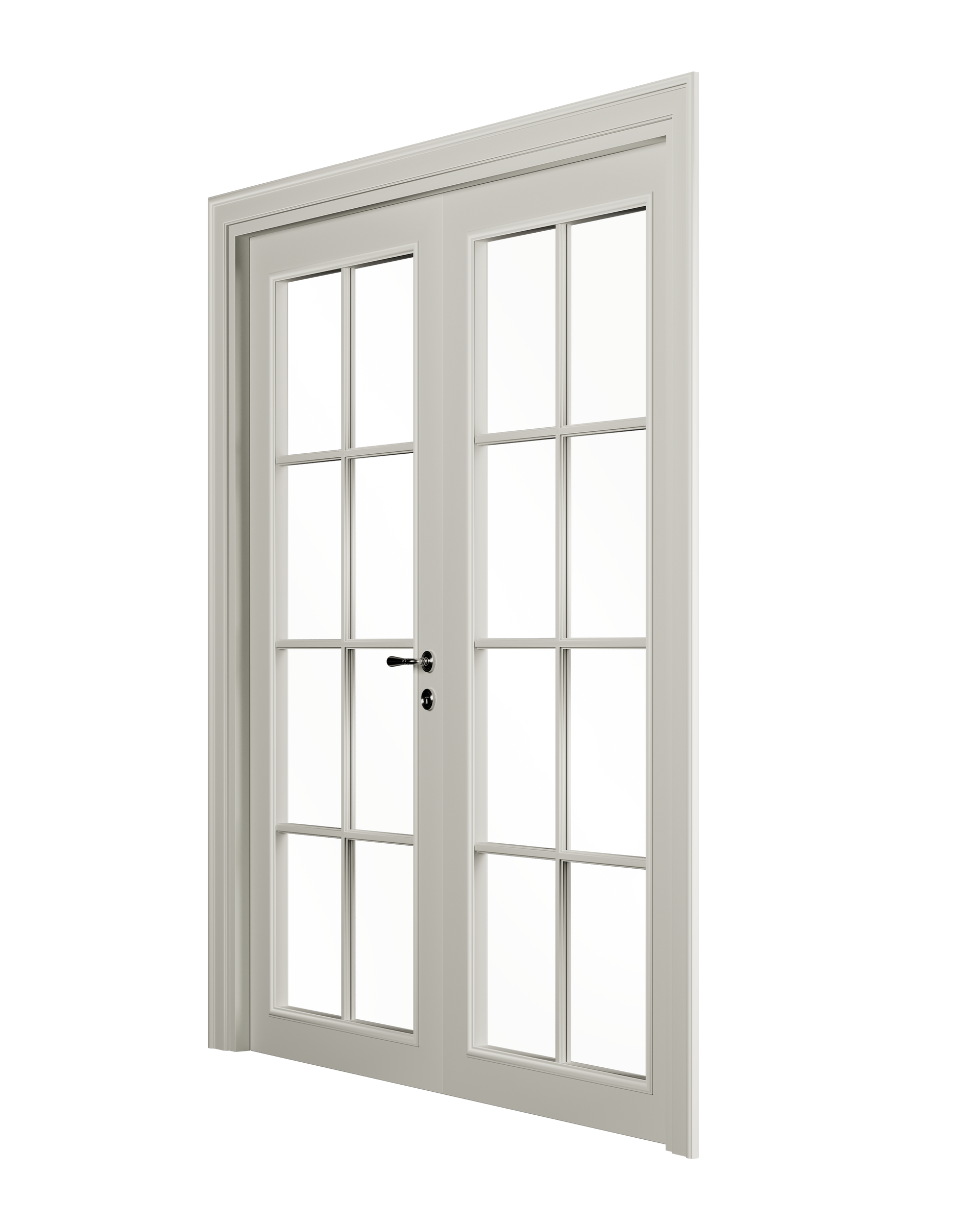 Portes-fenêtres doubles blanc cassé, composées de panneaux de verre à cadre quadrillé et d'une poignée foncée.