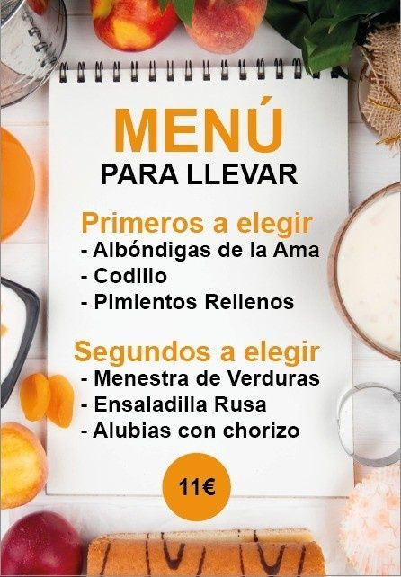 Menú español para llevar con opciones de primer y segundo plato, fotos de la comida y un cartel con el precio de 11€.