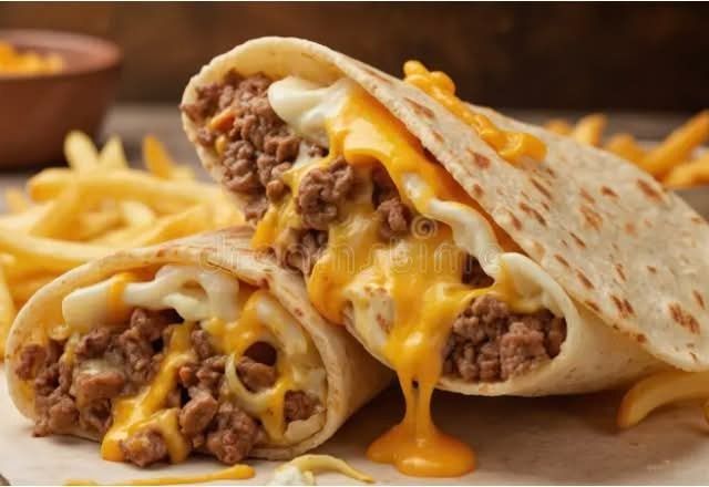 Mitades de burrito de carne y queso con queso cheddar derretido y papas fritas en un plato.
