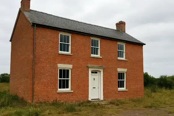 Casa de dois andares em tijolo vermelho com seis janelas e porta frontal branca, situada em um campo.