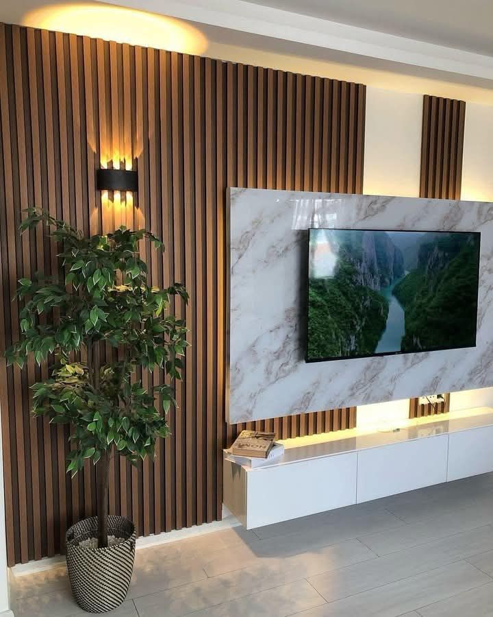 Sala de estar com parede revestida de madeira, TV sobre mármore e um vaso de planta.