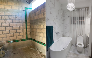 Corredor com paredes laranja e cinza, a porta dá acesso a outro cômodo.