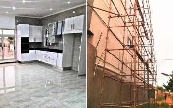 Corredor com paredes laranja e cinza, a porta dá acesso a outro cômodo.