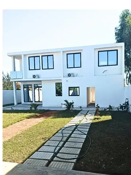 Sala de estar com parede revestida de madeira, TV sobre mármore e um vaso de planta.