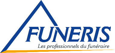 Logo des services fun&eacute;raires FUNERIS avec un triangle bleu et un texte en fran&ccedil;ais.