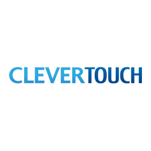 Un logotipo azul y blanco para CleverTouch sobre un fondo blanco.