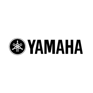 Un logotipo en blanco y negro de Yamaha sobre un fondo blanco.