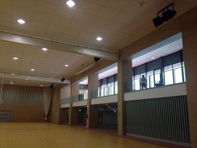 Un hombre está de pie en el balcón de un gran edificio.