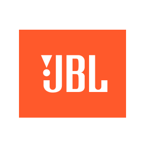 El logotipo de JBL es naranja y blanco sobre un fondo blanco.