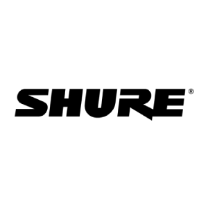 El logotipo de Shure es blanco y negro sobre un fondo blanco.
