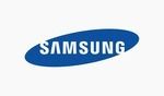 El logotipo de Samsung es azul y blanco sobre un fondo blanco.