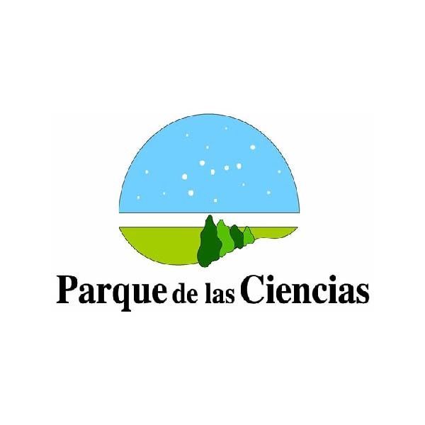 A logo for parque de las ciencias with a blue sky and trees