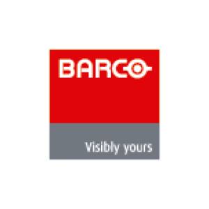 El logotipo de Barco es rojo y gris y dice 