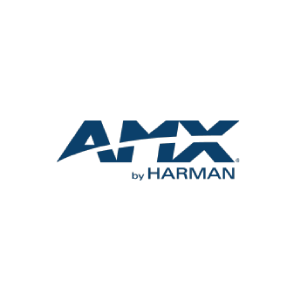 Un logotipo azul de AMX by Harman sobre un fondo blanco.