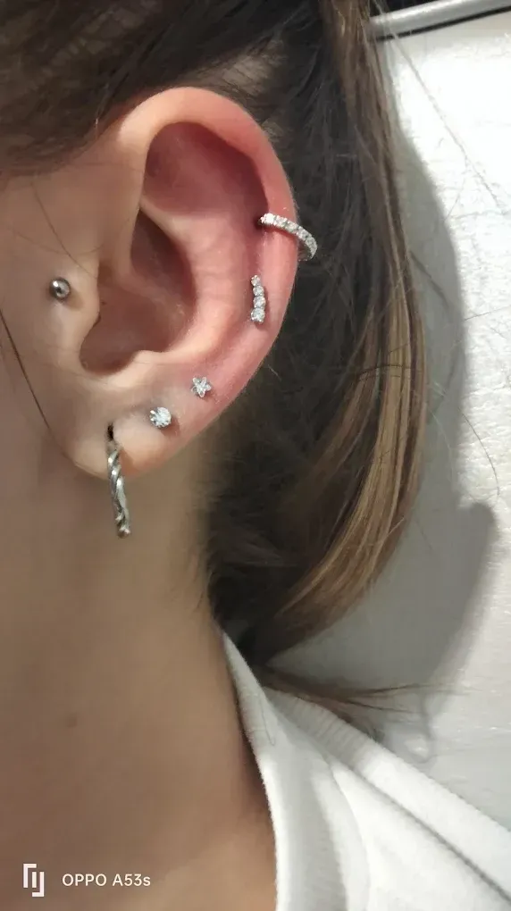 Primer plano de la oreja de una persona con múltiples perforaciones de plata, incluyendo pendientes.