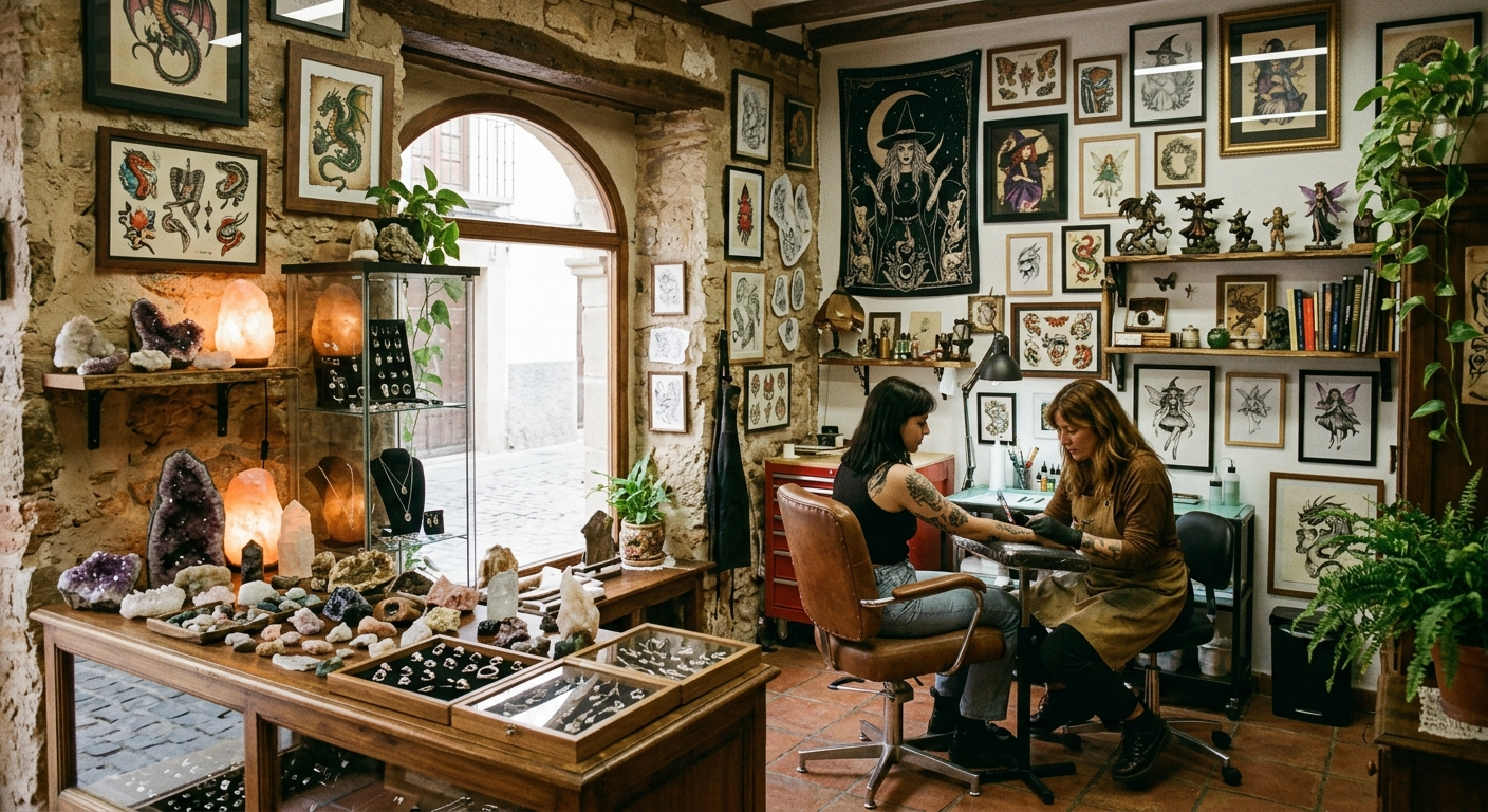 Acogedor estudio de tatuajes con cuadros enmarcados, plantas y dos personas conversando en una mesa pequeña.
