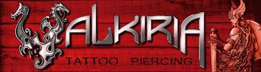 Logotipo de Valkiria Tattoo and Piercing con texto met&aacute;lico y la figura de un drag&oacute;n.