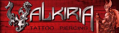 Logotipo de Valkiria Tattoo and Piercing con texto met&aacute;lico y la figura de un drag&oacute;n.