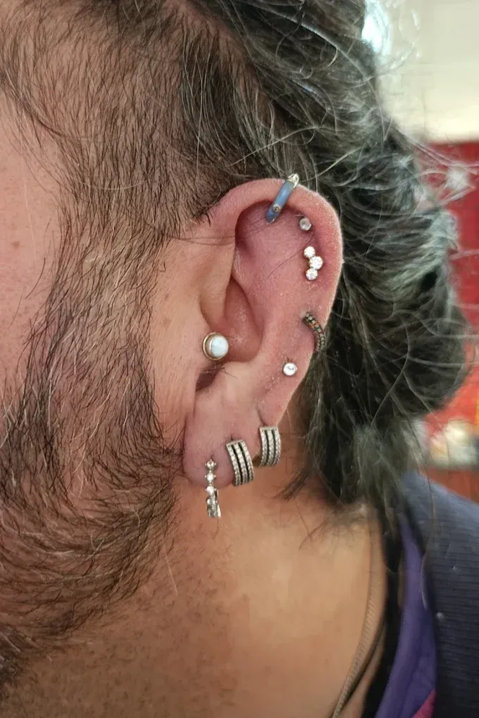 Vista lateral de una oreja humana con una gran colección de piercings de aro, botón y cartílago en tono plateado.