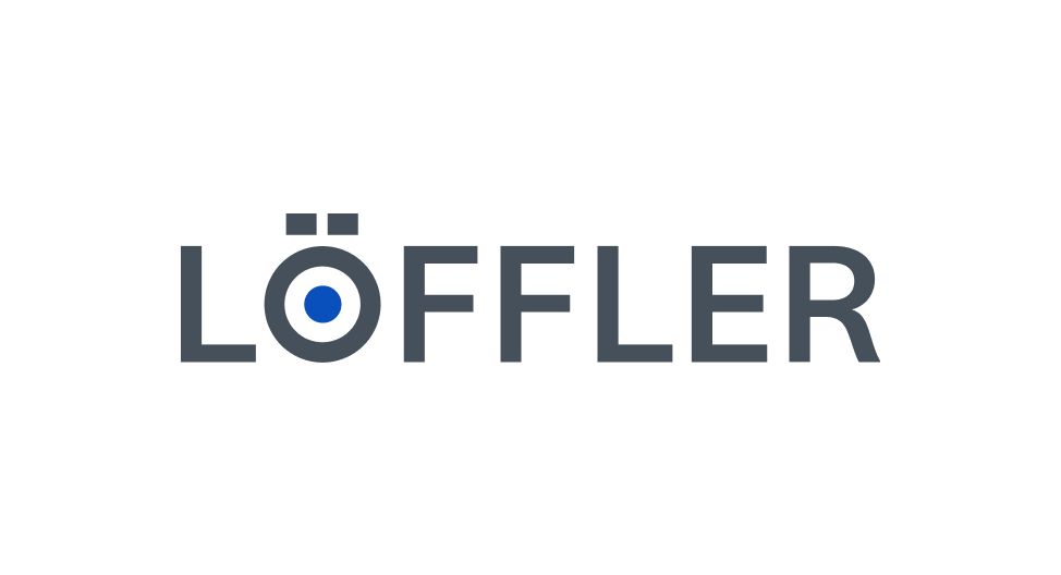 Ein schwarz-weißes Logo für Loffler auf weißem Hintergrund.